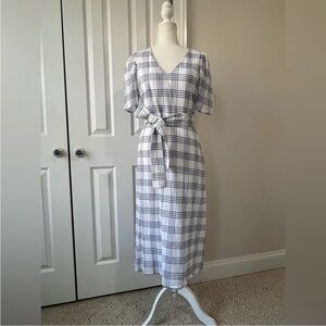 Claudie Pierlot White and Blue Fitted Dress with Concealed Side Zip